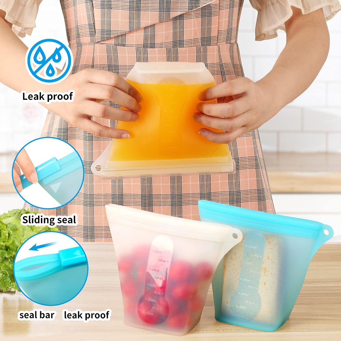 Reusable Silicone Food Storage Bags,Stand up Leakproof Zip Containers,Reusable Sandwich Bags,Non-Toxic,Bpa Free, Dishwasher Safe,Freezer-Safe,Easy to Clean（Set of 5）