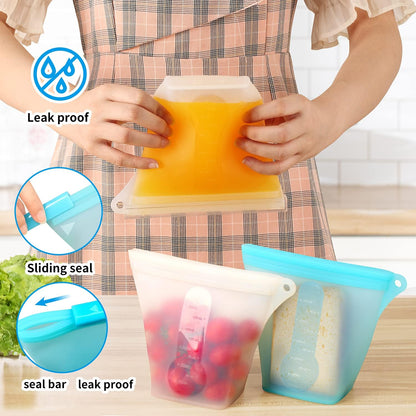 Reusable Silicone Food Storage Bags,Stand up Leakproof Zip Containers,Reusable Sandwich Bags,Non-Toxic,Bpa Free, Dishwasher Safe,Freezer-Safe,Easy to Clean（Set of 5）