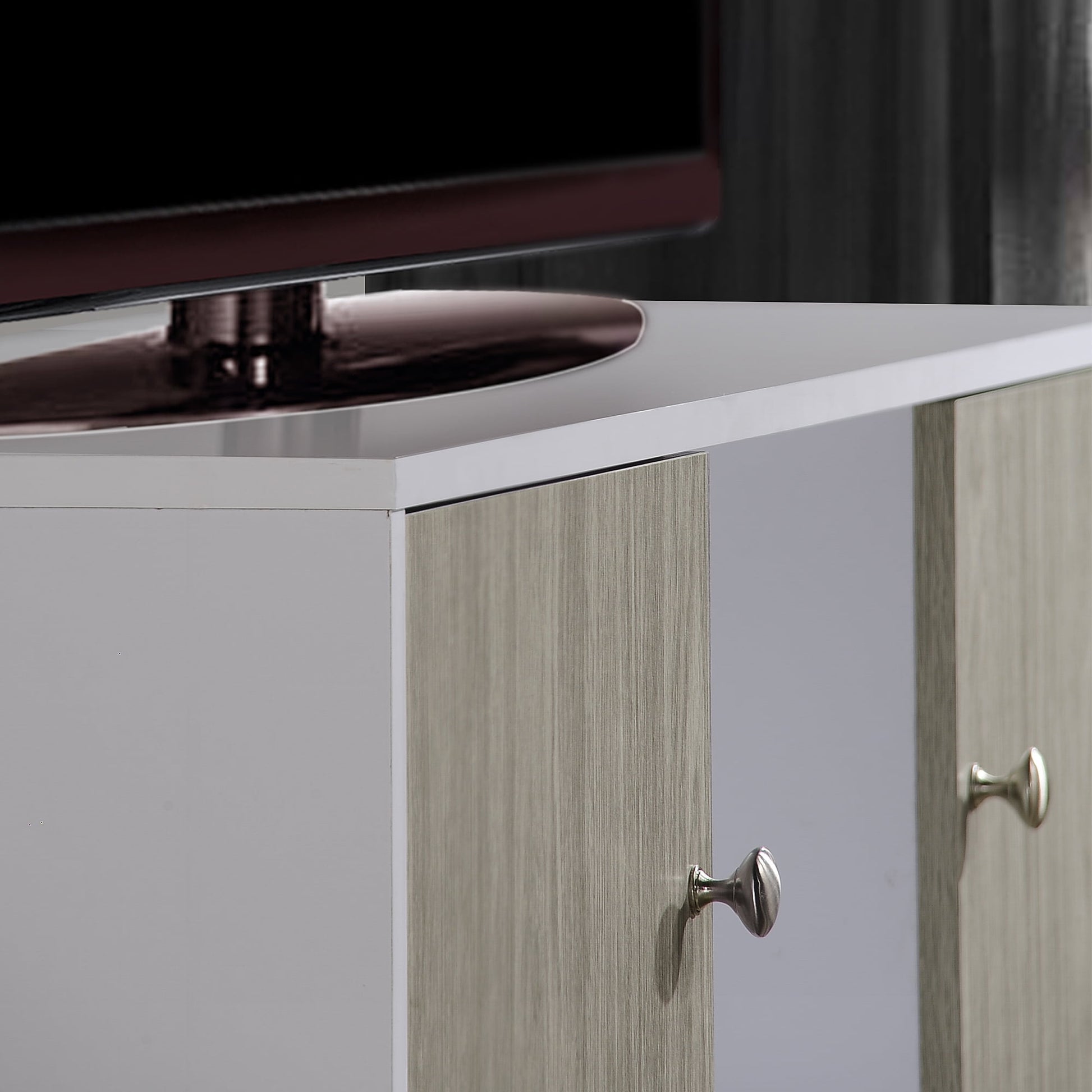 Import HITV435 Retro TV Stand with Storage Cabinets in White and Gray