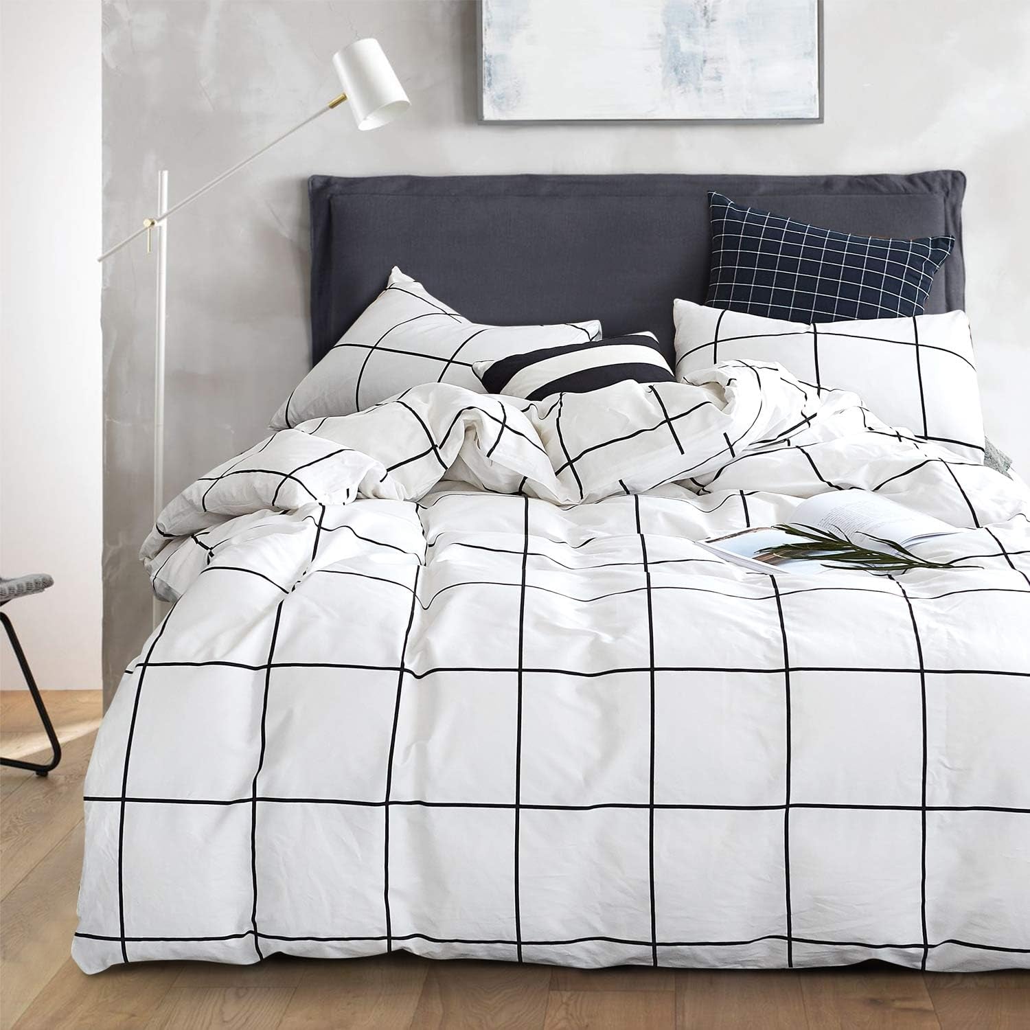 3Pcs Grid White Black Plaid Queen Duvet Cover Bedding Set