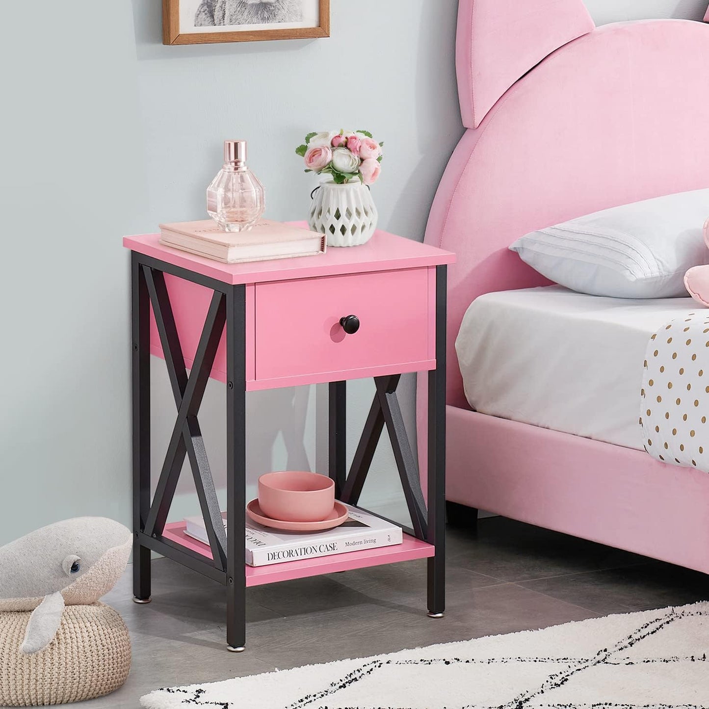 X-Design Nightstands with Drawer and Storage Shelf, Classic Pink, Set of 2 for Living Room and Bedroom
