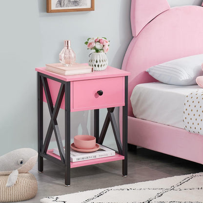 X-Design Nightstands with Drawer and Storage Shelf, Classic Pink, Set of 2 for Living Room and Bedroom