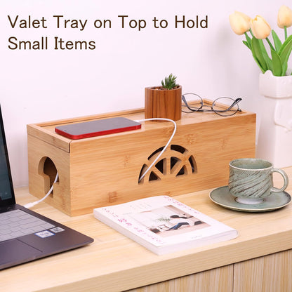 Extra Large Cable Management Box with Lid, Bamboo Cable Box for Cords, Power Strips or Surge Protectors, Hide Loose Wires behind Tvs, Home, Computers, Office Desks by